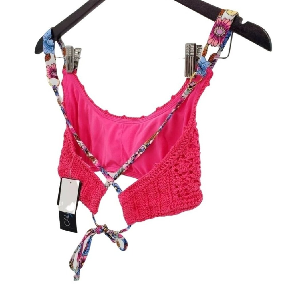 California Waves Large Bikini Top Neon Pink Retro Knit Crochet Bralette Swimwear - Picture 10 of 12